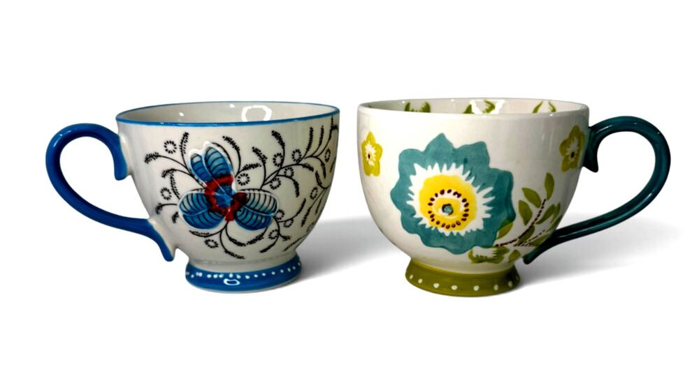 Lot Of 2 Dutch Wax Hand painted Ceramic Coffee Mugs Pedestal Cups Ornate Floral